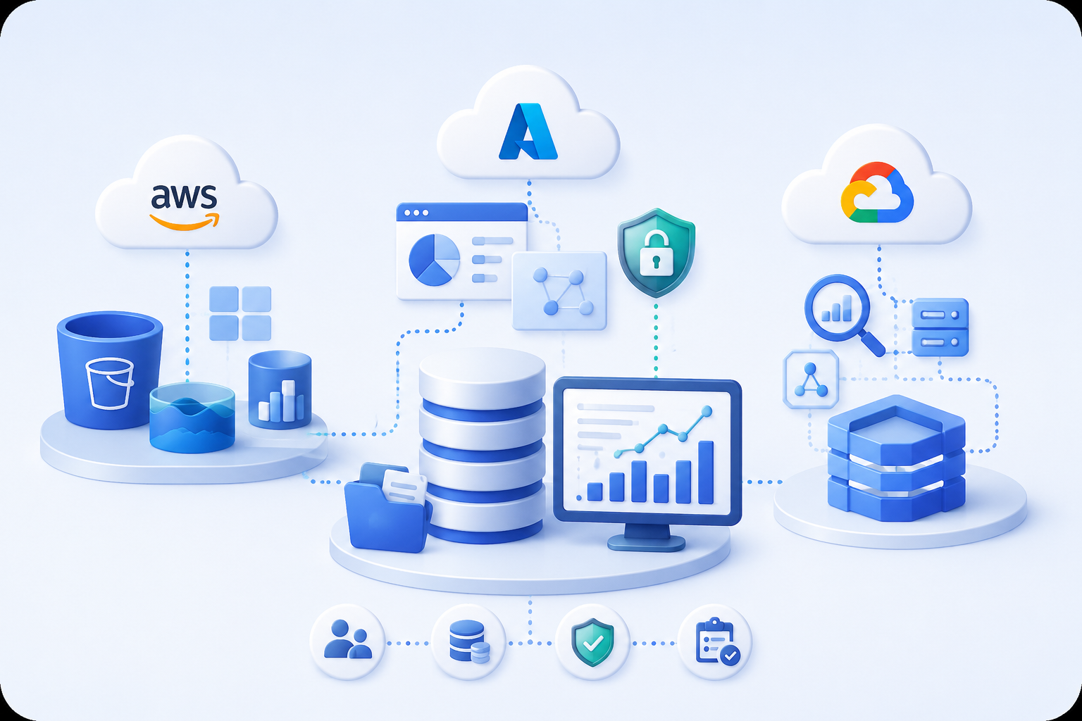 Cloud data management across AWS, Azure, and GCP with governance, metadata management, access controls, security, and analytics.