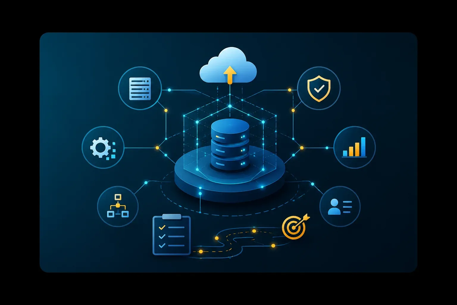 Data engineering consulting services illustration showing enterprise data architecture, cloud migration planning, governance, and data platform strategy.