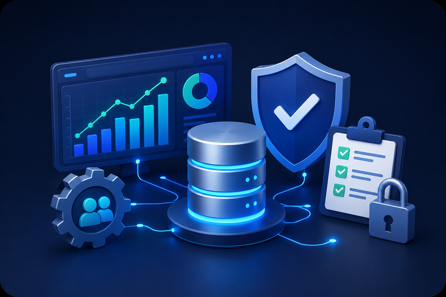 Enterprise data management illustration showing governed data, analytics, operational efficiency, and compliance controls.