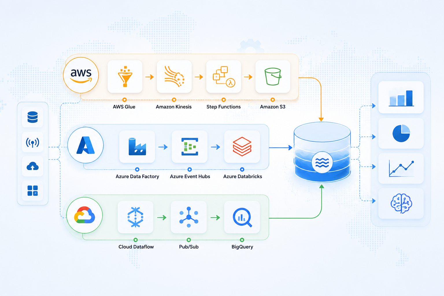 Data pipeline development across AWS, Azure, and Google Cloud for real-time processing, data integration, analytics, and reporting.